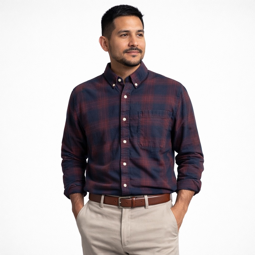 Timberland Men's Casual Plaid Shirt - Dark Blue and Maroon Size XL 100% cotton